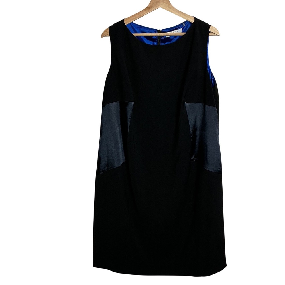 Tahari Woman Size 16 Black Sheath Dress Navy Satin Panels Office Classic LBD